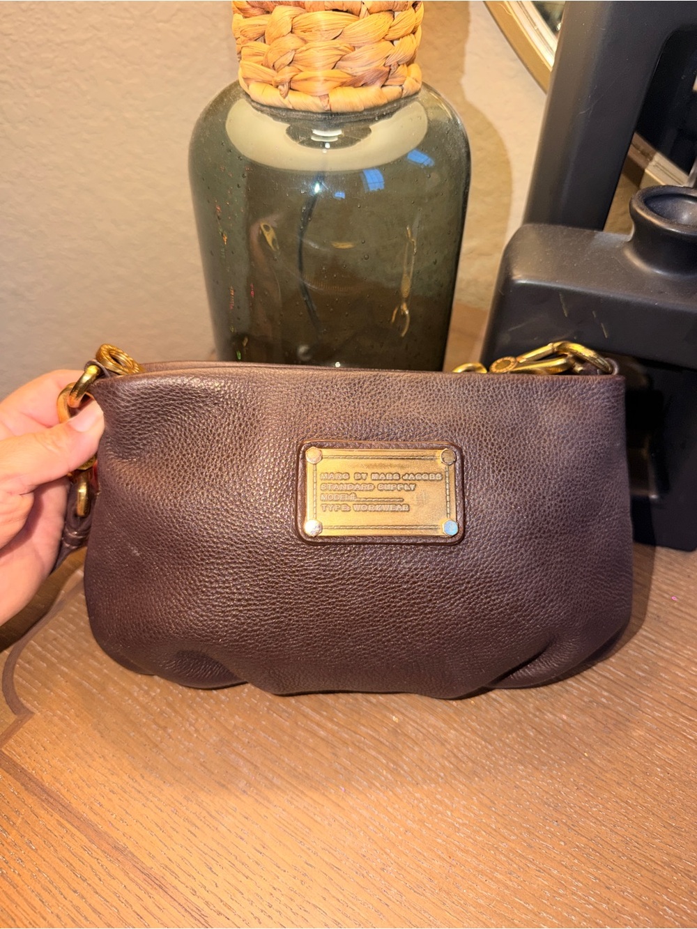 Marc by Marc Jacobs Dark Brown Pebbled Leather  with Gold Plaque purse